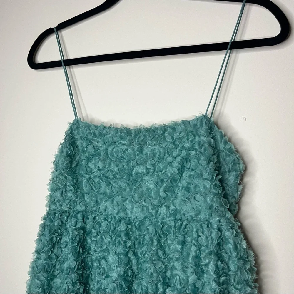 ZARA Textured Weave Sea Foam Green Floral Spaghetti Strap Summer Midi Dress - Picture 4 of 10